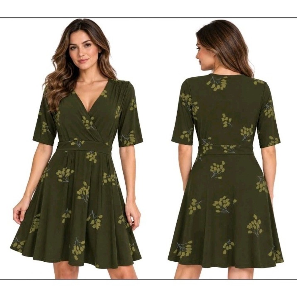 Boden Womens Size 12 Olive Green Floral Print Knit Faux Wrap V Neck Dress
